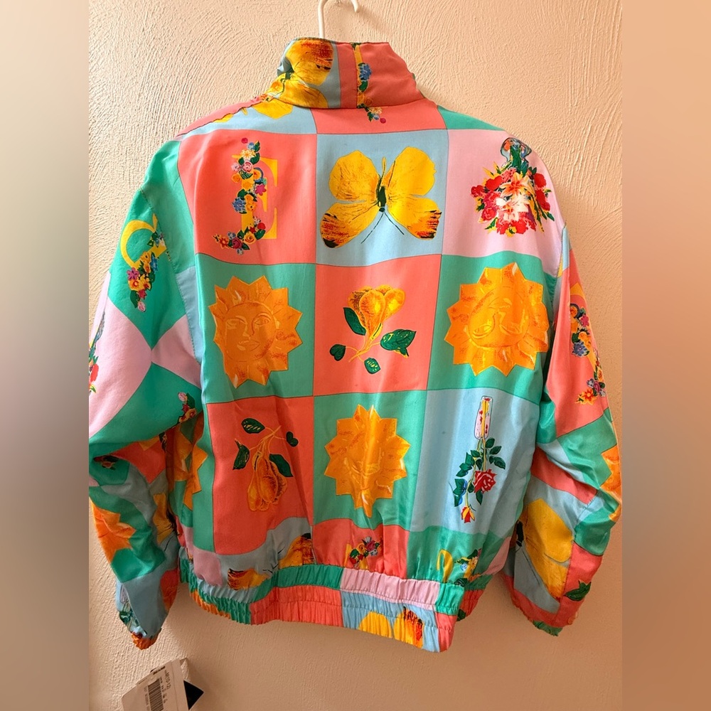 100% Silk 1980s With Tags Vintage Aqua Pants with Colorful Floral Windbreaker - Picture 5 of 8